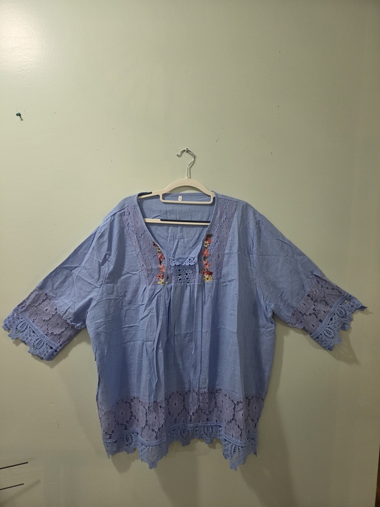 The Unbranded Brand Tops - Light Blue Embroidered Crochet-Trim Tunic Top